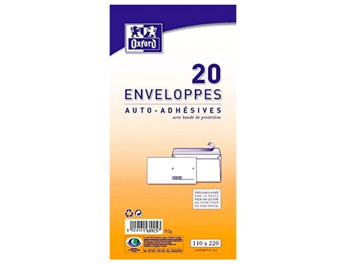 Paquet de 50 enveloppes blanches précasées DL 110x220 80g/m² bande