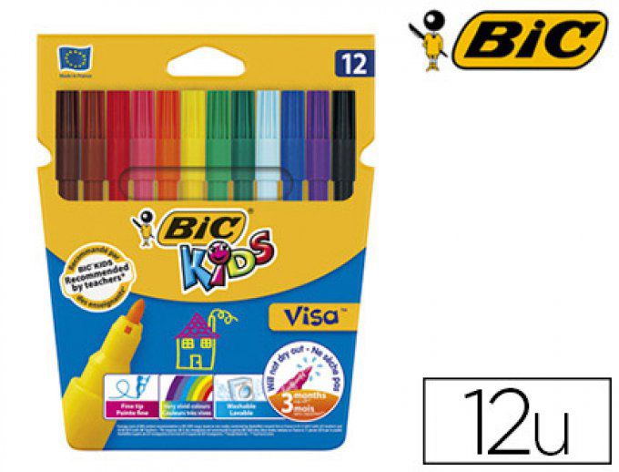 BIC Kids Visa Feutres de Coloriage à Pointe Fine, Lavables, Encre à base  d'eau - Couleurs Assorties, Etui Carton de 18