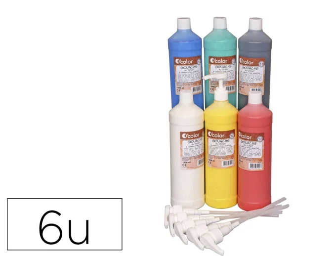 Gouache doigt o'color 1l couleurs primaires assorties coffret 6 unites + 6 pompes 5ml.
