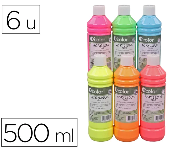 Peinture o'color pailletee 500 ml coloris fluos assortis coffret 6 bouteilles.