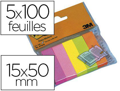 Marque-pages POST-IT papier notes markers 15x50mm coloris néon lot 5  blocsx100f. - Lescribe-livre